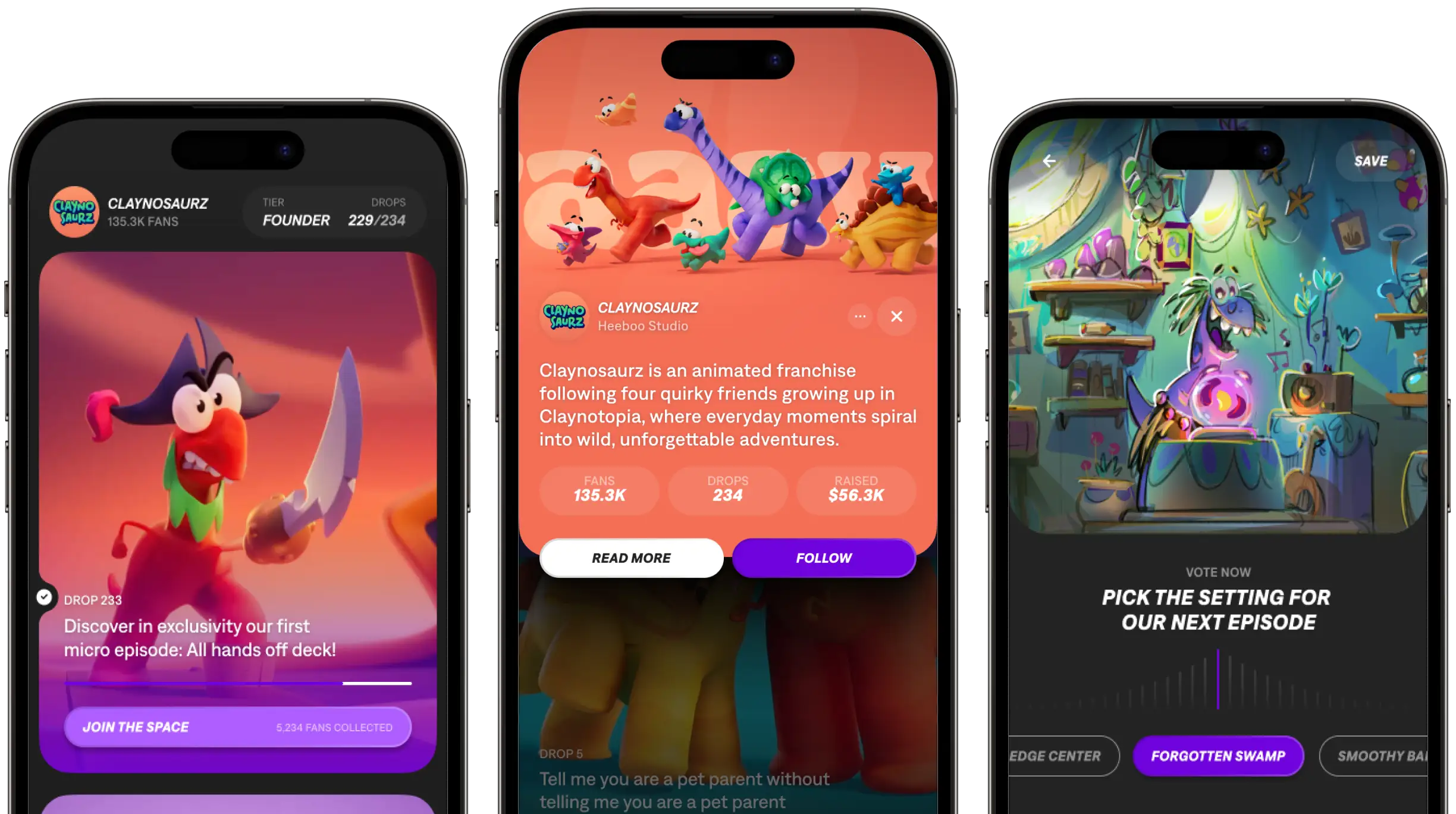 The HEEBOO app shown across three phones